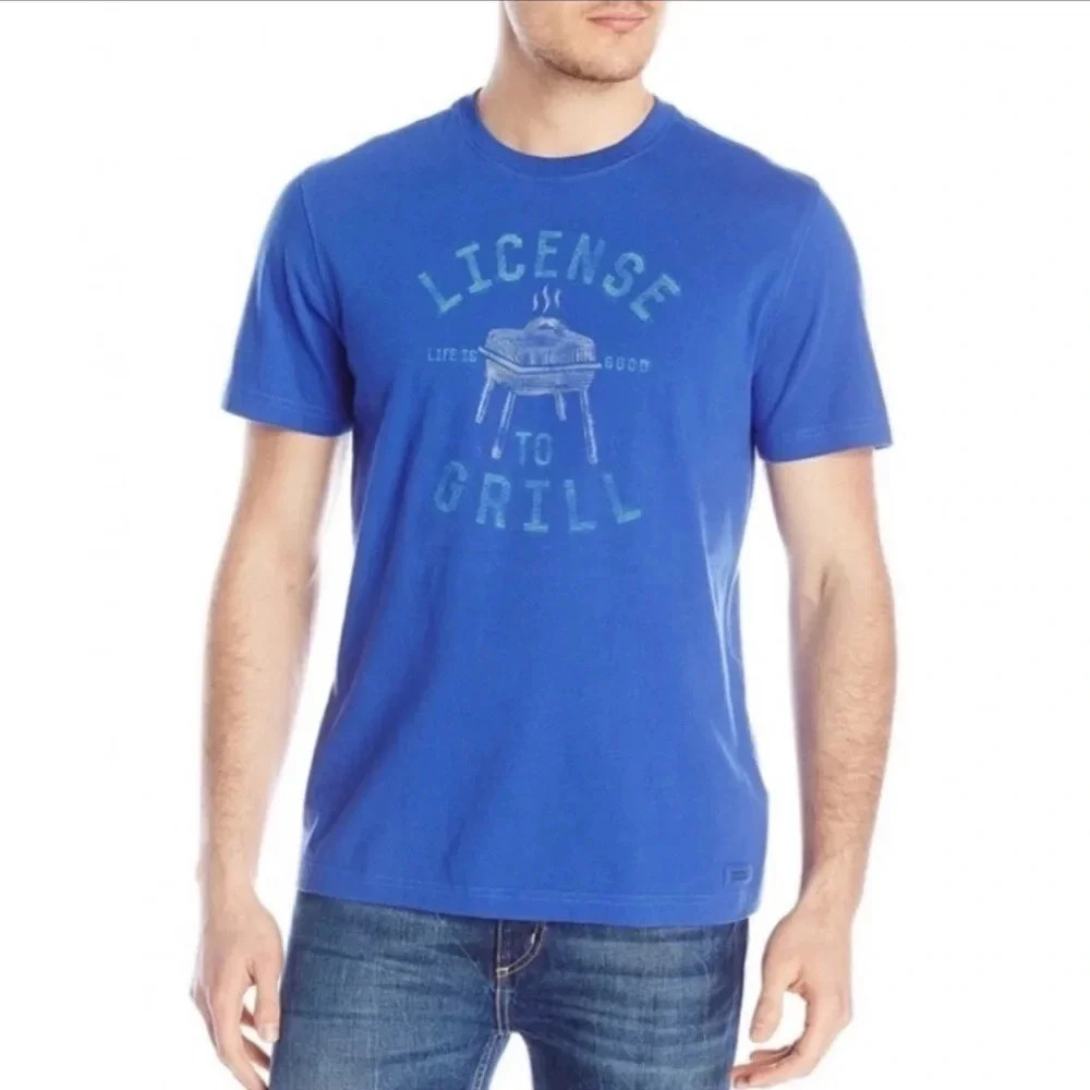 New Life Is Good Crusher Tee License To Grill tailgate football sports cookout